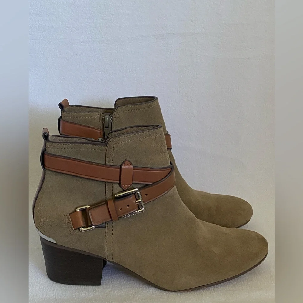 Coach Tan and Brown Ankle Boots with Leather Straps - Picture 2 of 11